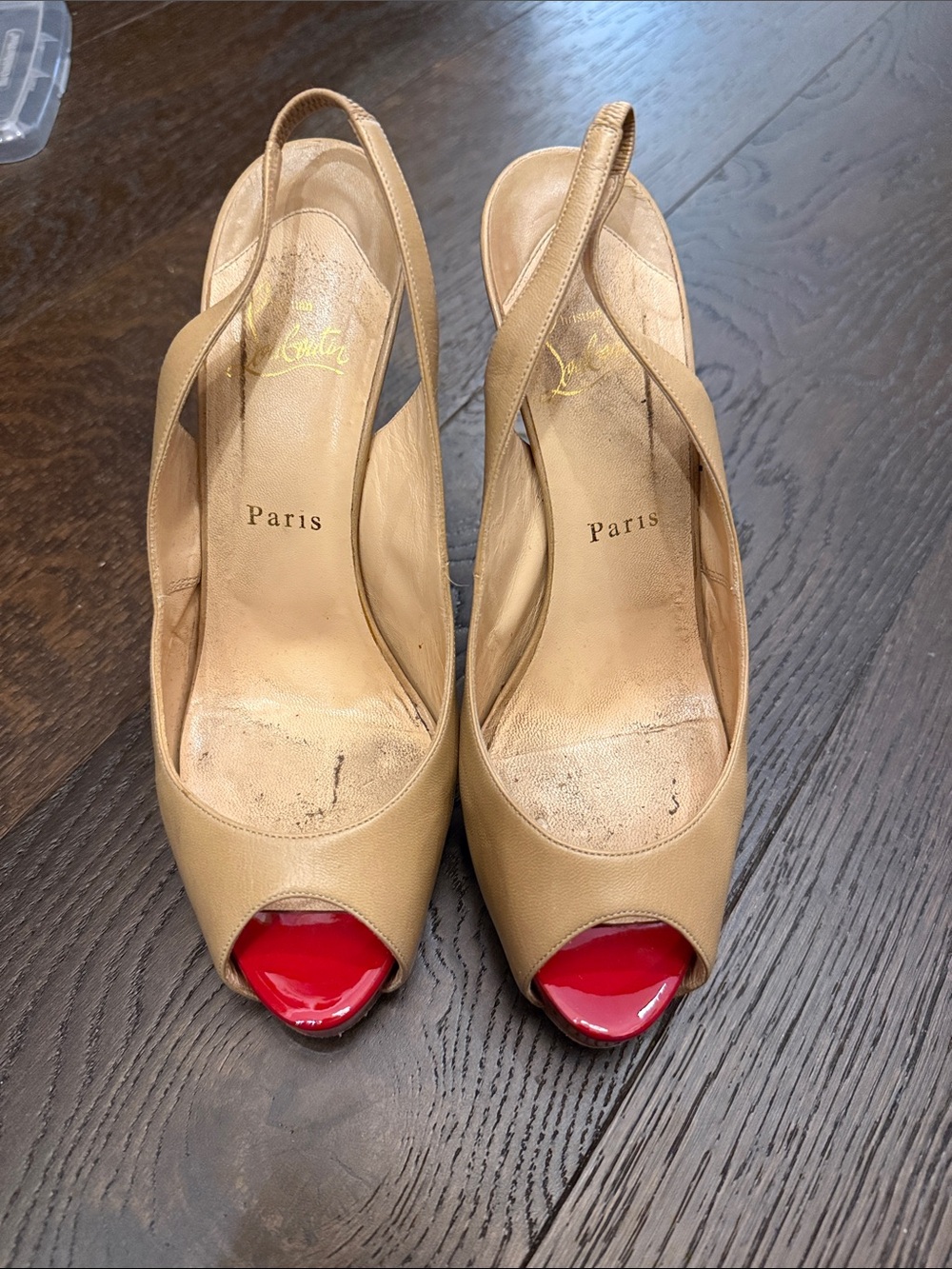 Christian Louboutin Nude Slingback Peep-Toe Pumps with Red Patent Toe